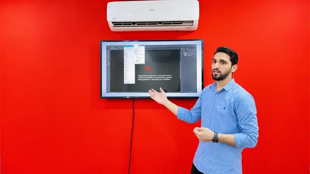 Graphic designing course in Rawalpindi — Mr. Mubashir explaining Photoshop settings during a class at SkillsVerse, Satellite Town