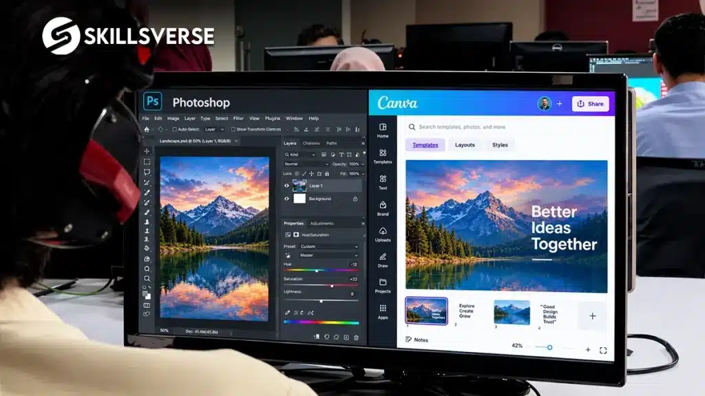 Canva vs Photoshop explained by SkillsVerse — the same mountain lake photo edited in Photoshop on one side of the screen and used in a Canva template on the other
